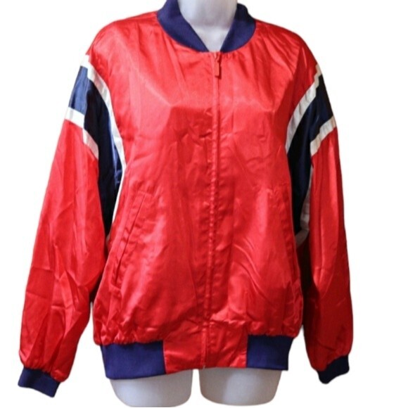Lizsport Vintage Red & Blue Sateen Bomber Jacket Nylon Medium Sporty 80s/90s - Picture 1 of 15